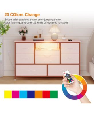 8-Drawer Dresser TV Stand with LED Lights & Charging Station, 55" Entertainment Center Storage, Rustic Brown, Pink