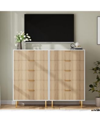 5-Drawer Modern Natural Dresser, Wood Chest Organizer with Gold Handle, Tall Cabinet for Bedroom, Living Room, Entryway