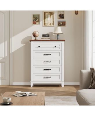 5-Drawer White Freestanding Wooden Chest, 41.3" Tall, Brown Top, Vertical Dresser for Living Room, Bedroom
