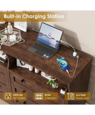 6-Drawer Modern Dresser with Power Outlet & LED Light, Large Capacity Wood Storage Chest TV Stand for Bedroom, Living Room