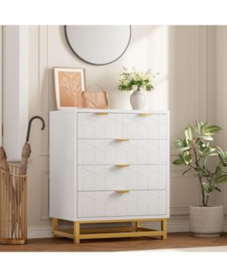 5-Drawer White Bedroom Dresser with Metal Base, Modern Chest Cabinet Organizer for Living Room, Hallway, Closet