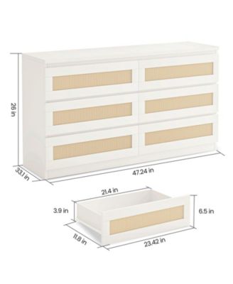 Rattan 6 Drawer Dresser for Bedroom, Modern Double Dresser with Anti-Tip Kit, Chest Organizer