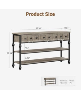  52 Inch 3-Drawer Industrial Metal 3-Tier Sofa Table Behind Couch, Hallway Storage Entryway Table