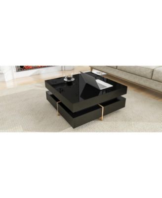 High Gloss Coffee Table with 4 Drawers, Multi Storage, Wood Grain Legs