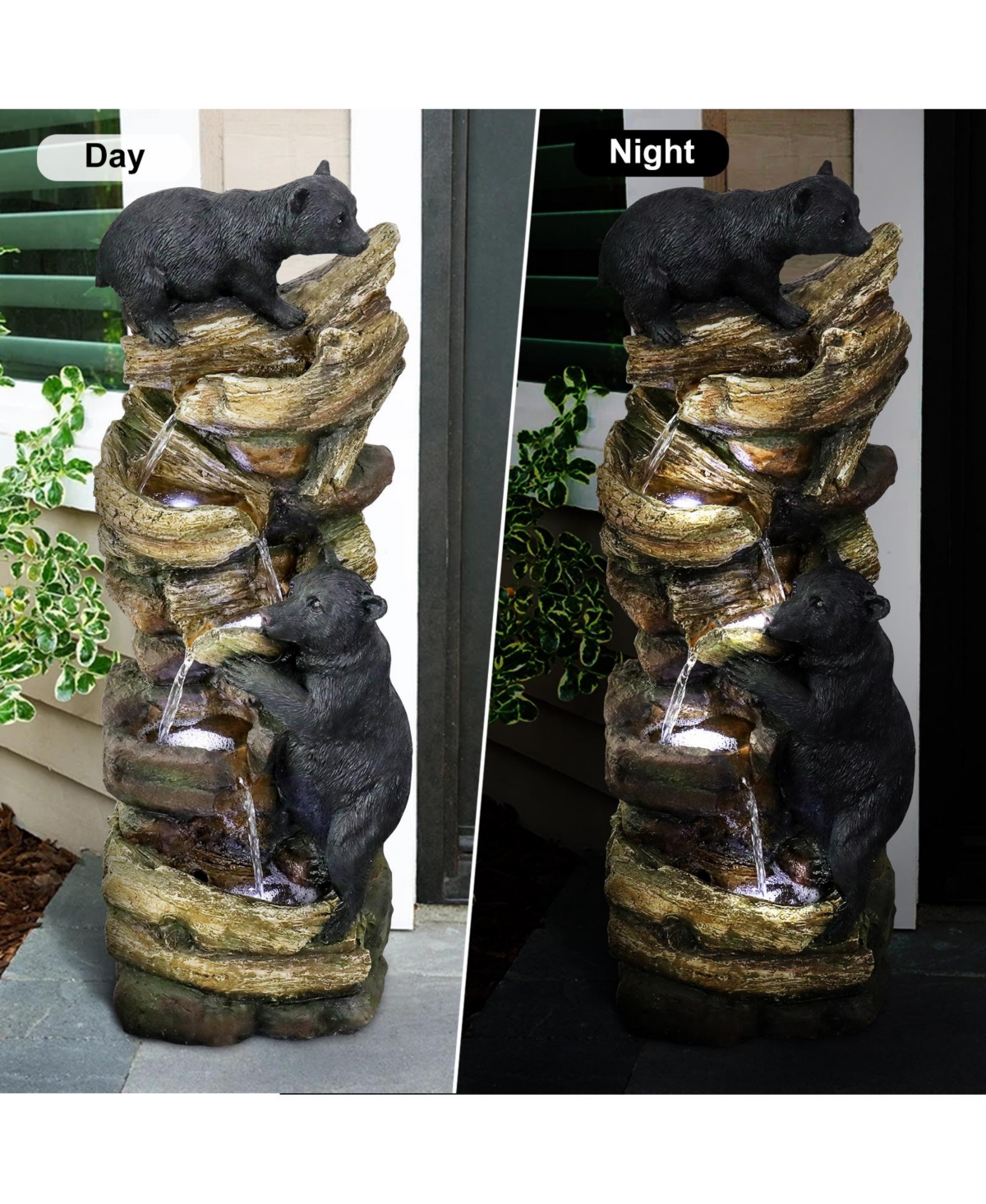 SunJet 39.3" 5-Tier Outdoor Garden Water Fountain with Bears Climbing Tree, Resin Fountain with Led Lights for Garden, Patio & Deck