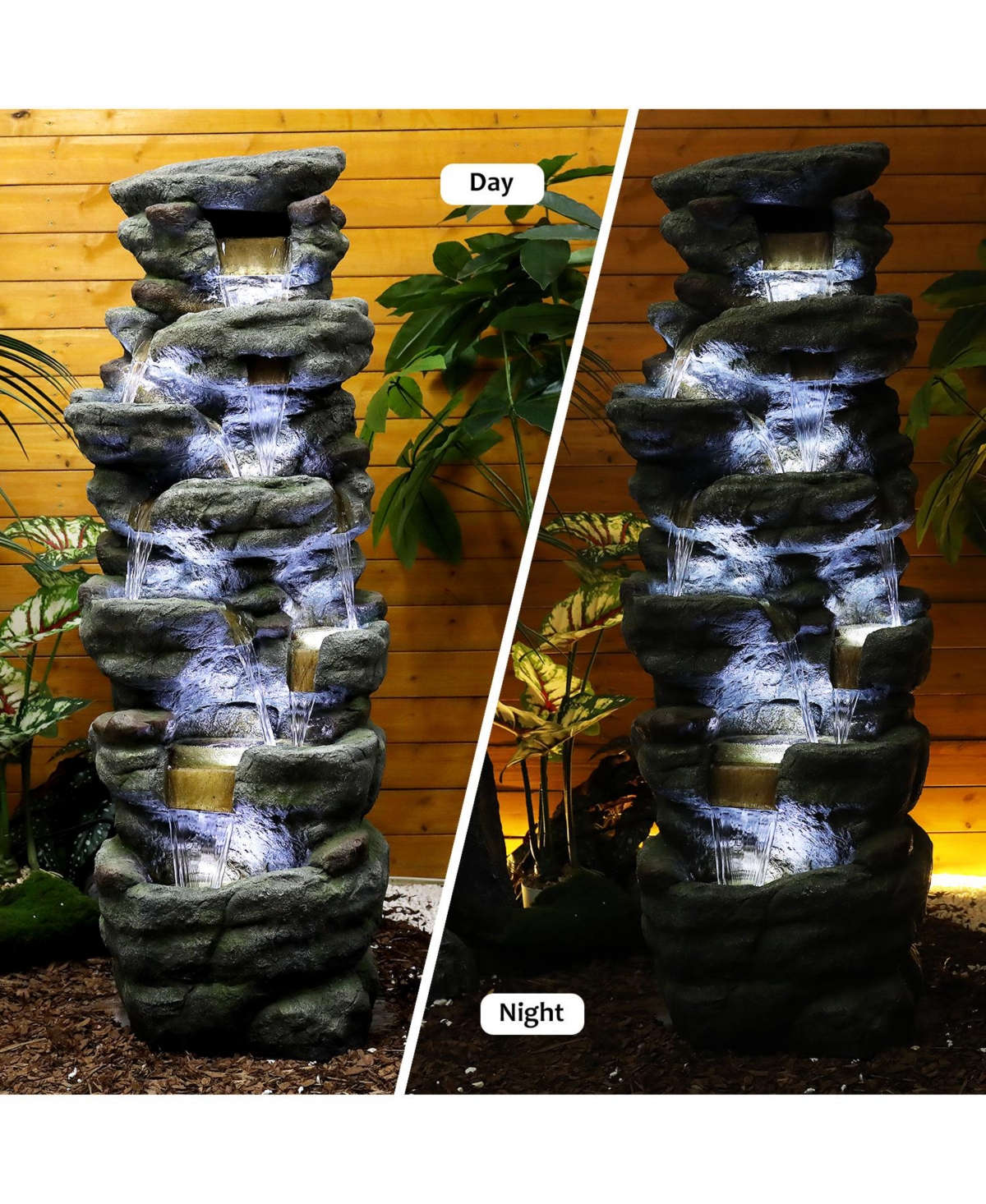 SunJet 51" High Multi-Tier Outdoor Rock Water Fountain with Led Lights, Large Resin Waterfall Fountain for Garden, Patio, Yard & Deck