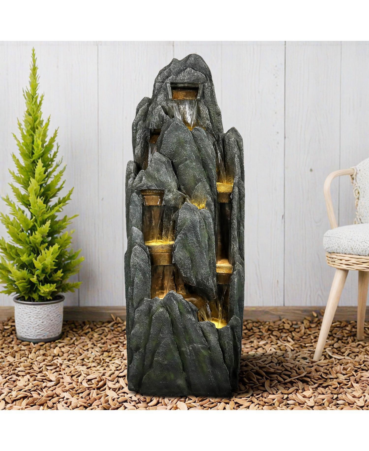 SunJet 51" Tall Outdoor Rockery Water Fountain with Led Lights, Resin Cascading Waterfall Fountain for Garden, Patio & Yard Decor