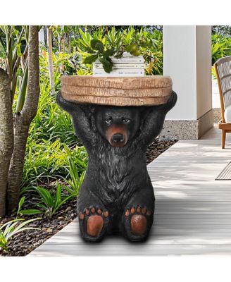 20.8" H Black Bear Side Table - Rustic Bear Statue End Table Holding Tree Stump Tray for Porch, Patio, Garden, or Living Room Decor