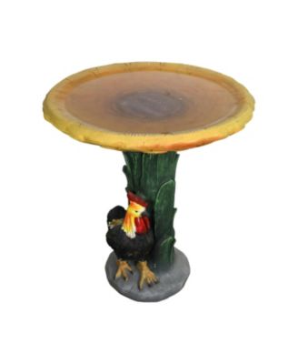 23" H Outdoor Concrete Bird Bath - Sunflower Bowl with Leaf Pedestal & Rooster/Chicken Garden Statue, 20” Dia x 23” H