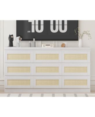 Rattan Dresser for Bedroom, 9 Drawer Dresser with Charging Station