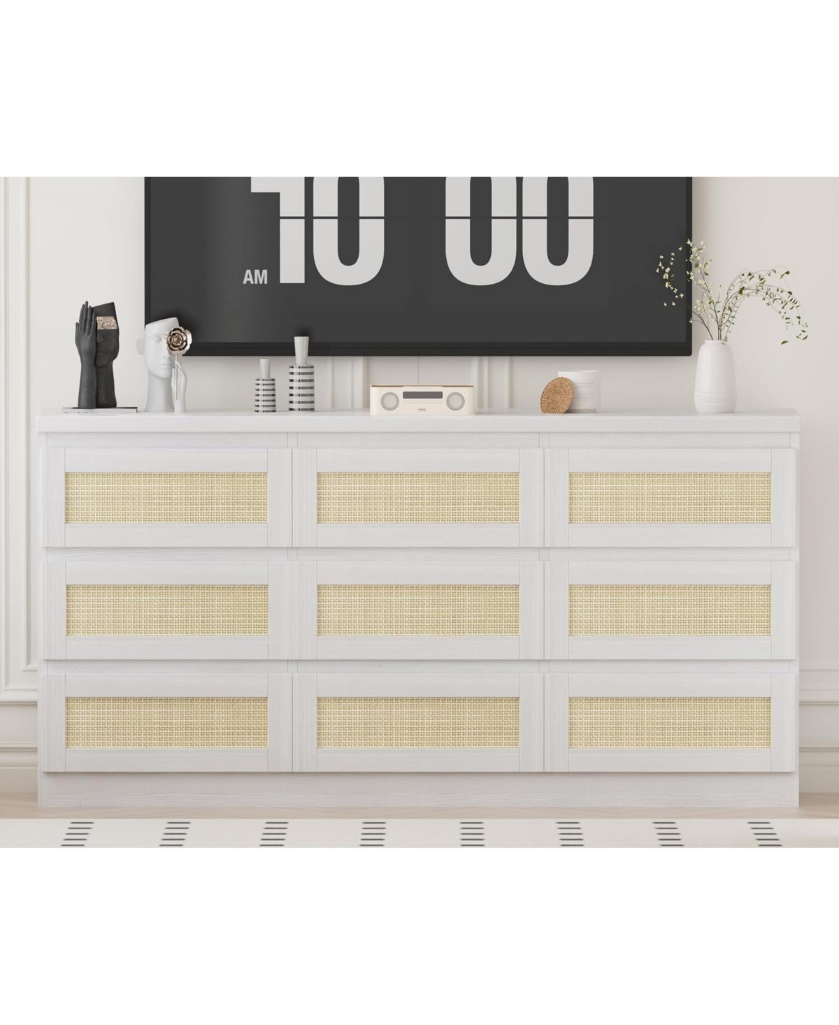 Rattan Dresser for Bedroom, 9 Drawer Dresser with Charging Station
