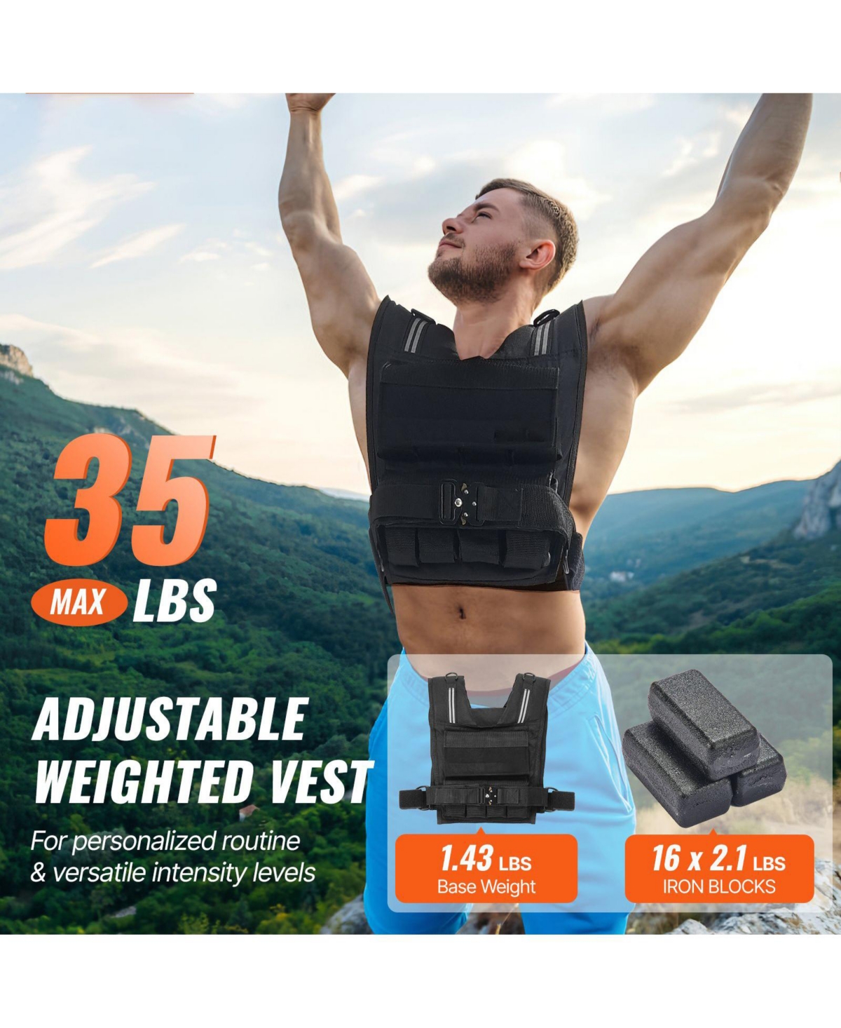 Mecale Adjustable Weighted Vest, 35 lb Vest with Iron Weights, Shoulder Pad and Reflective Stripe for Strength Training