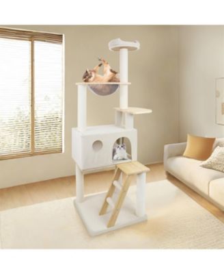 Cat Tree with large condo wood ladder in White