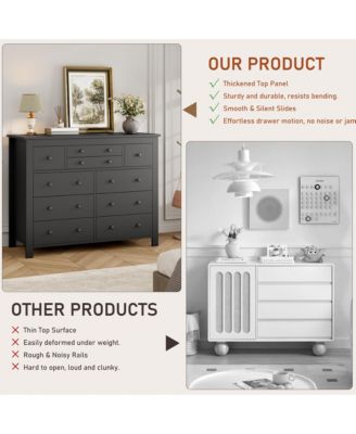 10-Drawer Black Dresser 47" Wide, Long Wooden Chest Storage Cabinet