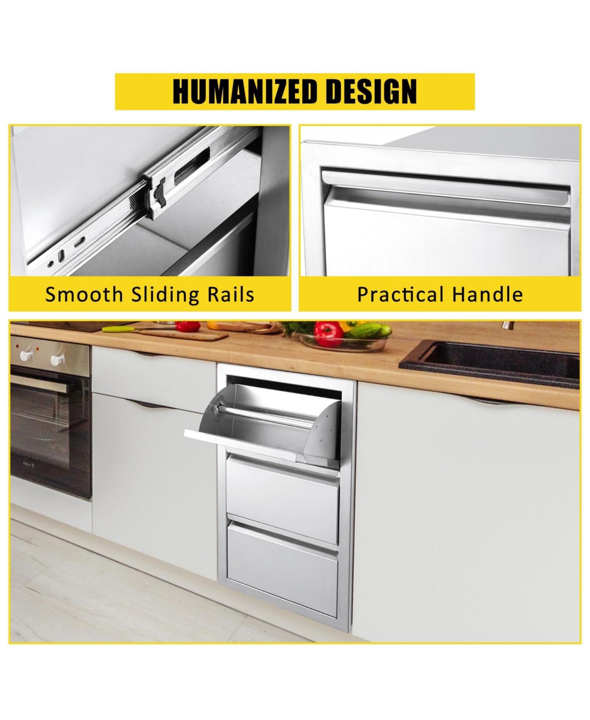 gaomon 15.7W x 17.7D x 21.6H Inch Outdoor Kitchen Drawers, Flush Mount Triple Stainless Steel Bbq Storage Drawers