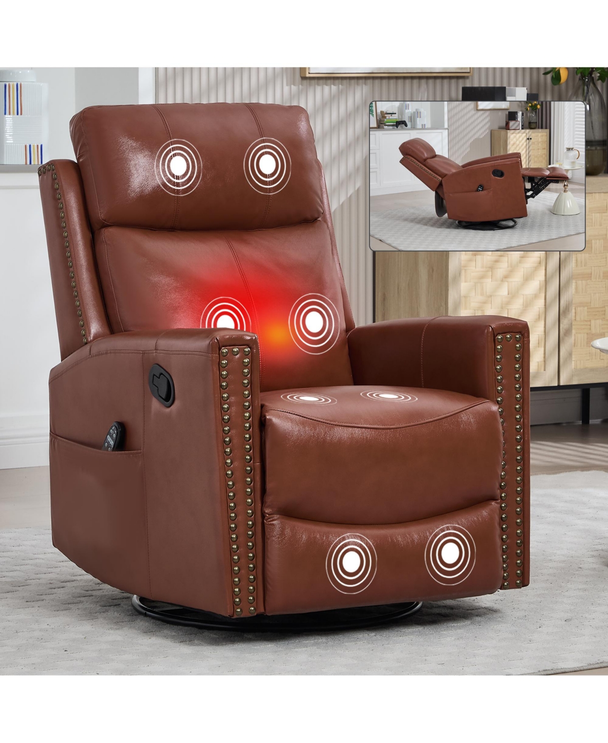 Streamdale Furniture Red Leather Heat Massage Rocker Swivel Recliner