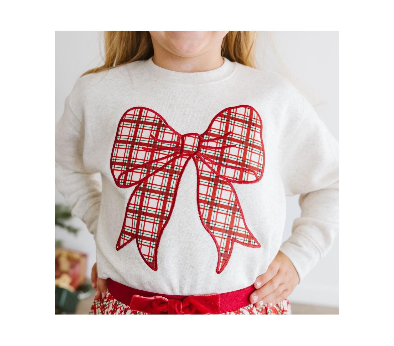 Little Girls Christmas Plaid Bow Patch Sweatshirt