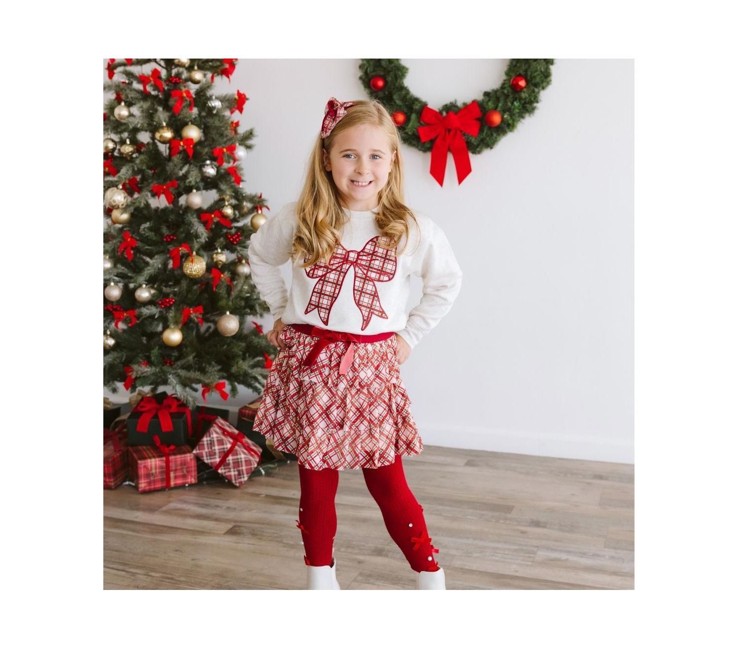 Little Girls Christmas Plaid Bow Patch Sweatshirt