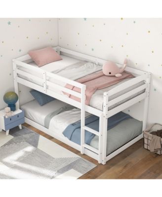 Twin over Twin Low Bunk Bed with Guardrails Integrated Ladder Kids Wooden