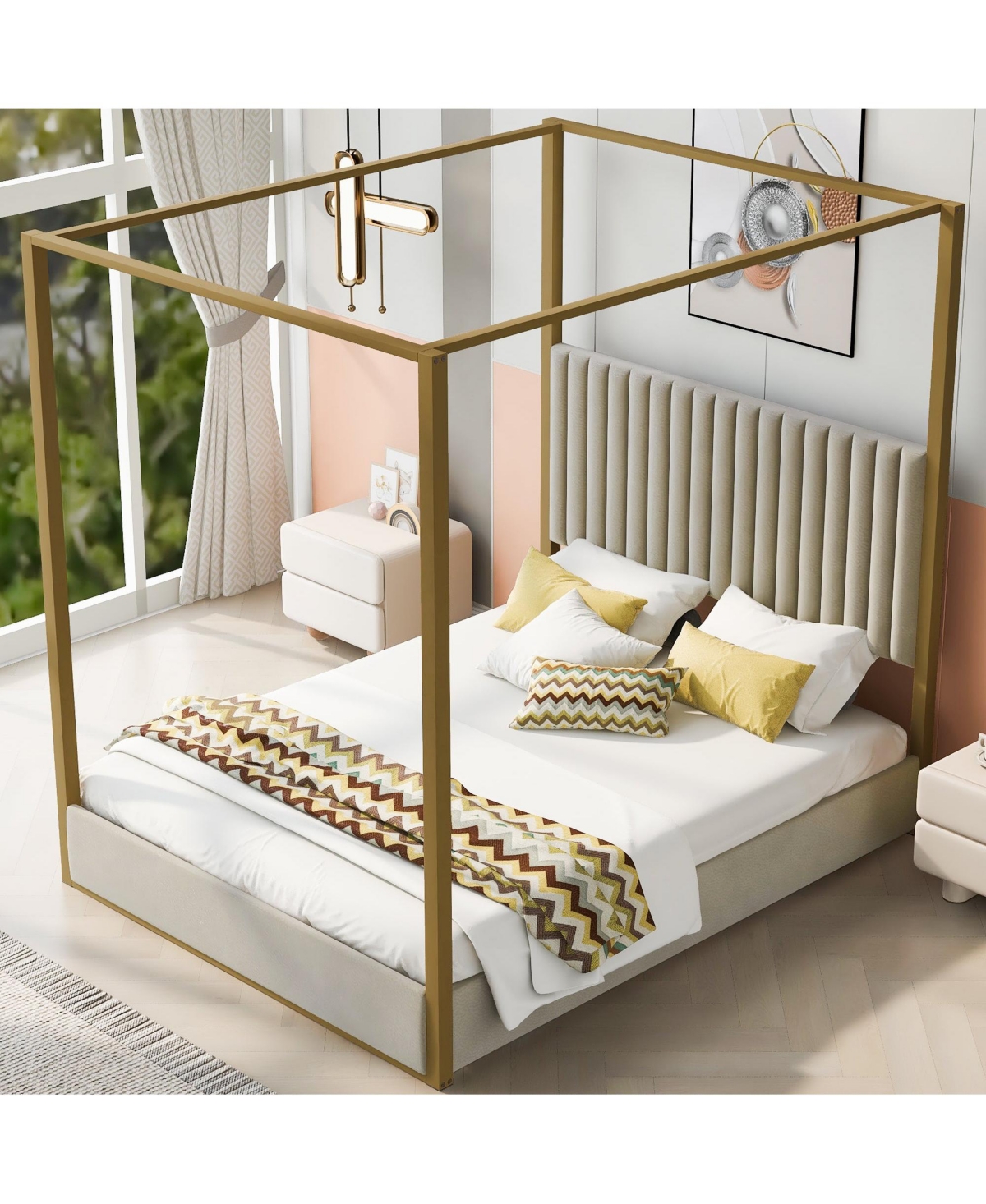 Boyel Living Queen Size Upholstery Canopy Platform Bed with Headboard and Metal Frame