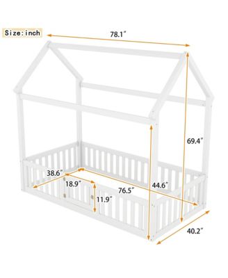 Twin Size Wood House Bed with Fence and Door