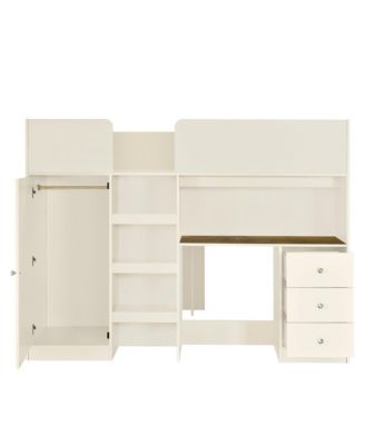 Wood Full Size Loft Bed with Built-in Wardrobe, Desk, Storage Shelves and Drawers