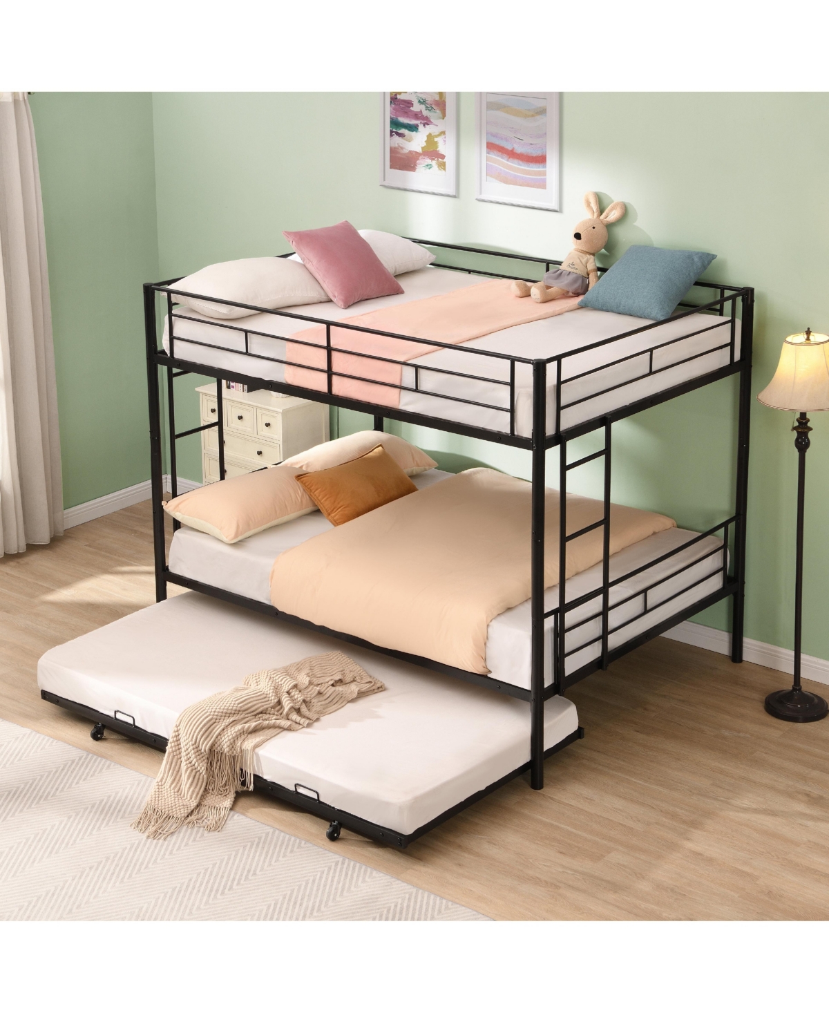 Boyel Living Full Over Full Metal Bunk Bed with Trundle, No Box Spring Needed, Easy Assemble Black