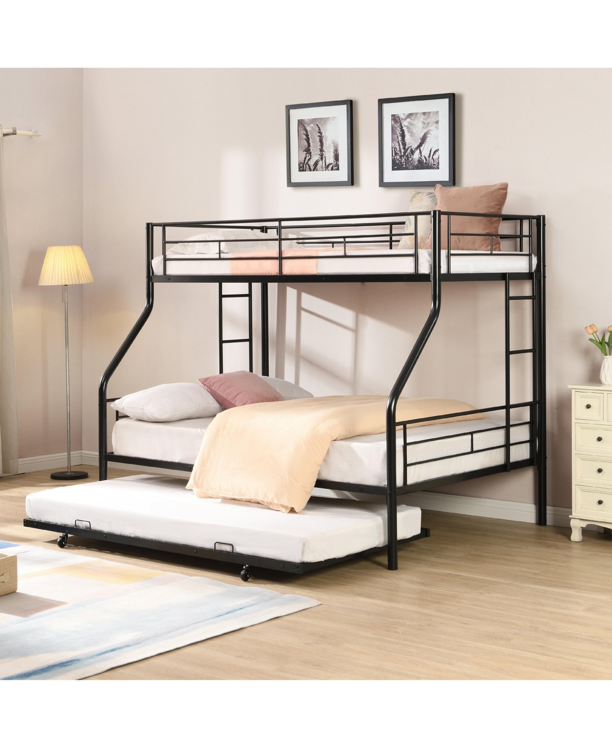 Boyel Living Twin Over Full Metal Bunk Bed with Trundle Black, No Box Spring Needed, Easy Assemble