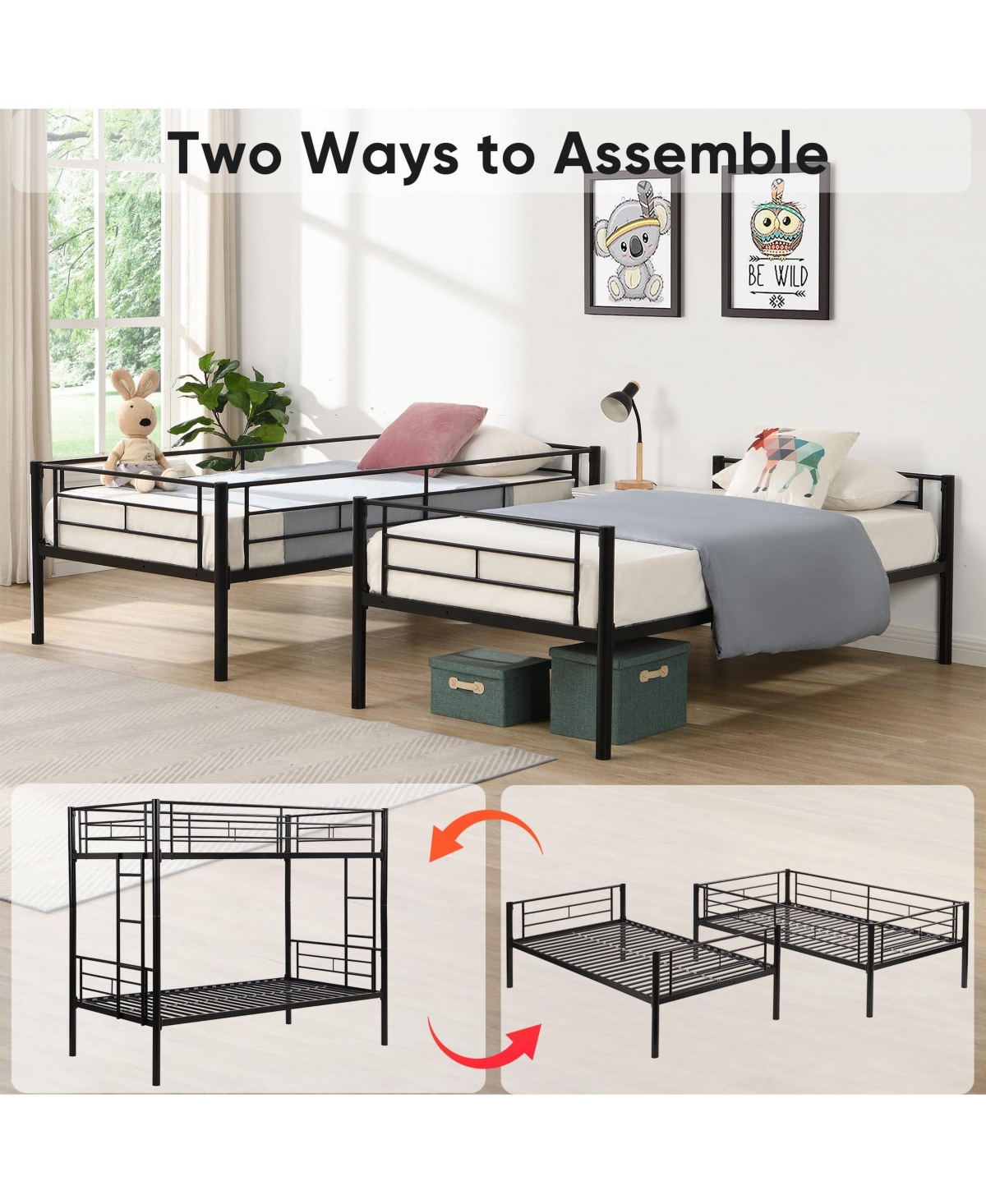Boyel Living Twin Over Twin Metal Bunk Bed with Trundle, No Box Spring Needed, Easy Assemble