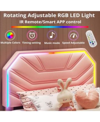 Twin Bed Frames with LED Light Headboard, Upholstered Modern Cama Twin Platform Bed Frame with Heavy Duty Supports, No Box Spring Need, Pink