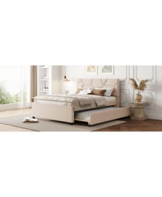 Linen Platform Bed with Brick Headboard & Trundle