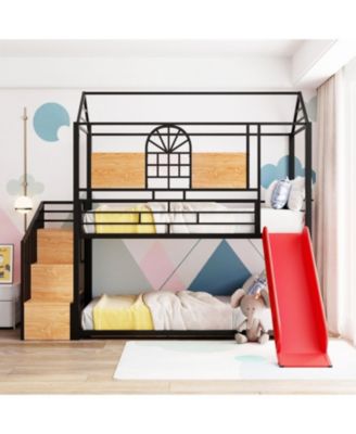 Twin Bunk Bed with Slide and Storage Stairs
