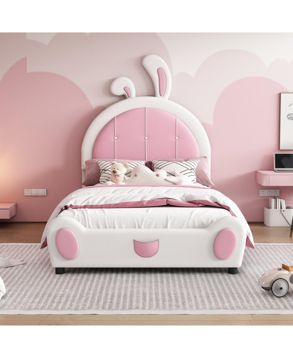 Streamdale Furniture Twin Size Upholstered Platform Bed with Ribbit Shaped Headboard