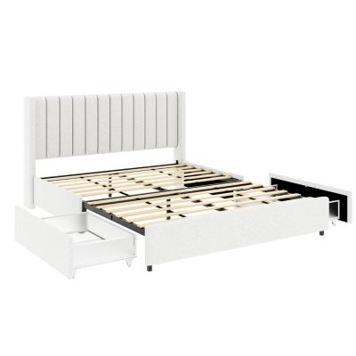 Queen Size Ivory Boucle Platform Bed with Storage Drawers