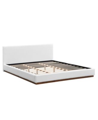 Elegant White Fabric Upholstered King Bed with Solid Wood Base