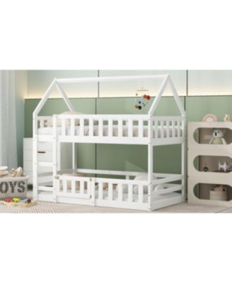 over Twin House Bunk Bed with Fence and Door, White
