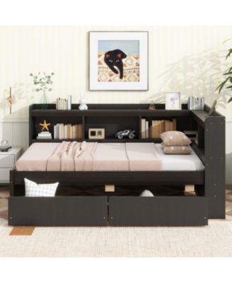 Twin L-Shaped Bookcase Bed w/ Outlets & Drawers - Espresso