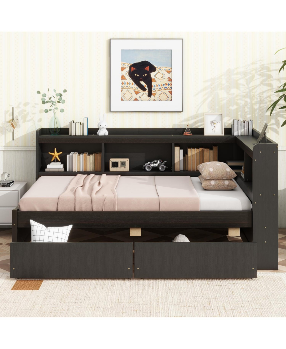 Streamdale Furniture Twin L-Shaped Bookcase Bed w/ Outlets & Drawers