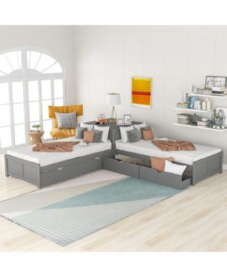 Twin L-Shaped Platform Bed with Trundle, Drawers, and Desk