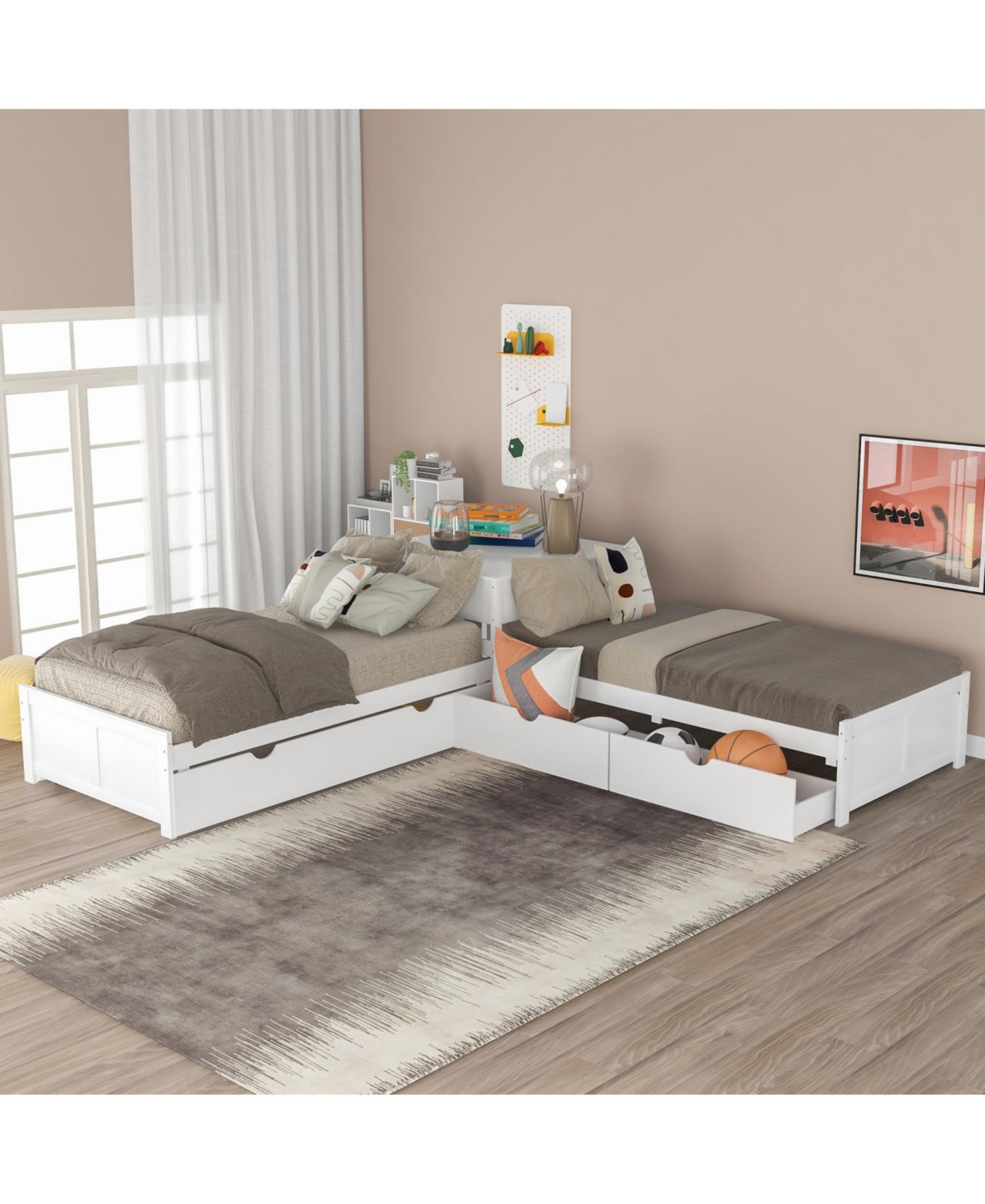Streamdale Furniture Twin L-Shaped Platform Bed with Trundle, Drawers & Desk