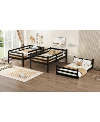 Triple Twin Bunk Bed with Built-in Ladders and Guardrails