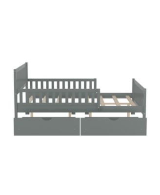 Full Size Wood Platform Bed with Guardrails on Both Sides and Two Storage Drawers, Gray