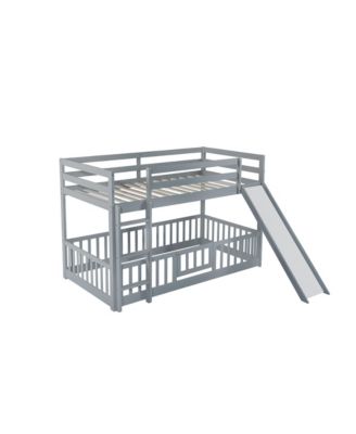 Twin Over Twin Floor Bunk Bed with Slide, Ladder, Door, Safety Guardrails, Solid Pine Wood Bunk Bed