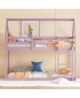 Twin over Twin Rubber Wood Floor Bunk Bed, with ladder,Guardrails,House-Shaped-Bunk Bed