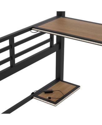 Full Size Metal Loft Bed Frame with Storage Shelf and LED Light,Iron mesh