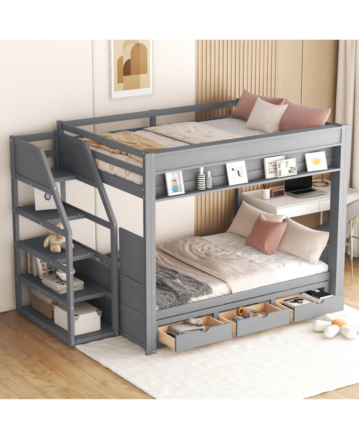Streamdale Furniture Wood Full Convertible Bunk Bed with Storage Staircase, Bedside Table, and 3 Drawers, White