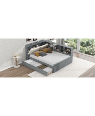 Wood Full Size platform bed with Trundle, Shelves and Storage Headboard