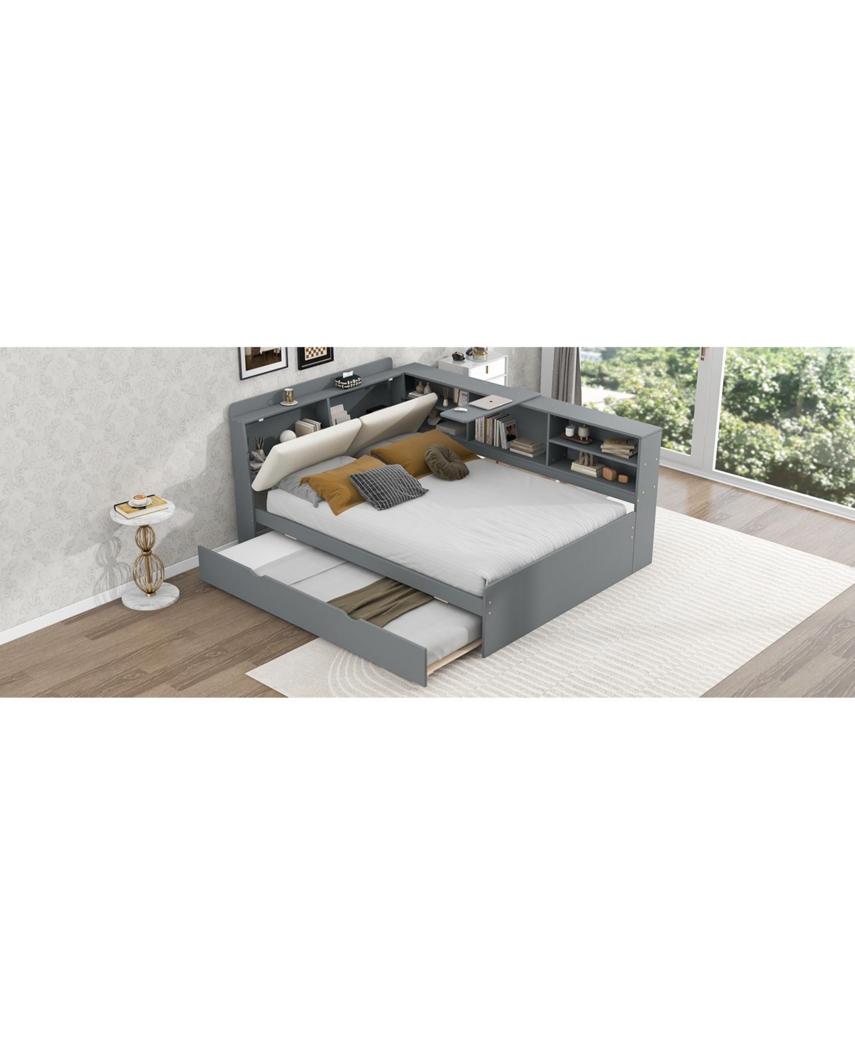 Streamdale Furniture Wood Full Size platform bed with Trundle, Shelves and Storage Headboard