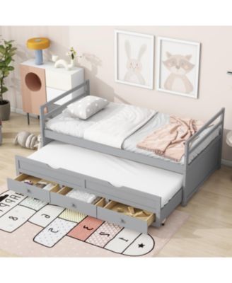 Twin Pine Wood Bed with Headboard, Footboard, Trundle, and Storage