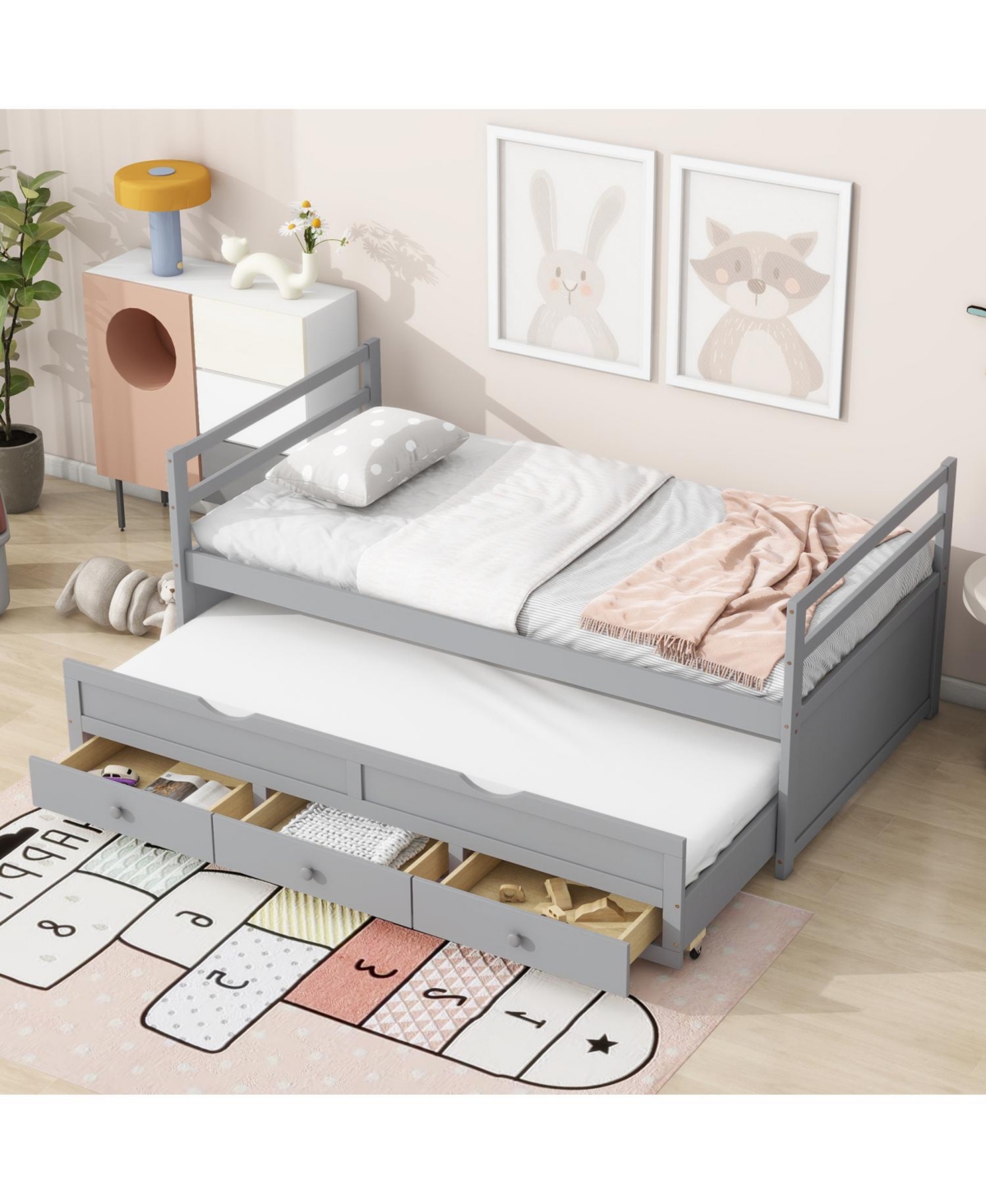 Streamdale Furniture Twin Pine Wood Bed with Headboard, Footboard, Trundle, and Storage